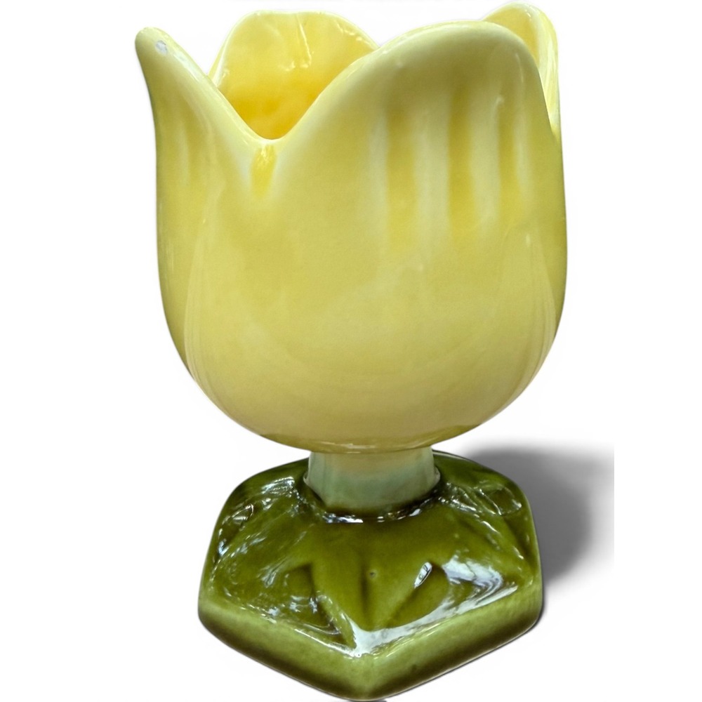 Vintage Paulann California Pottery Small Tulip Pedestal Vase Yellow Green 5"